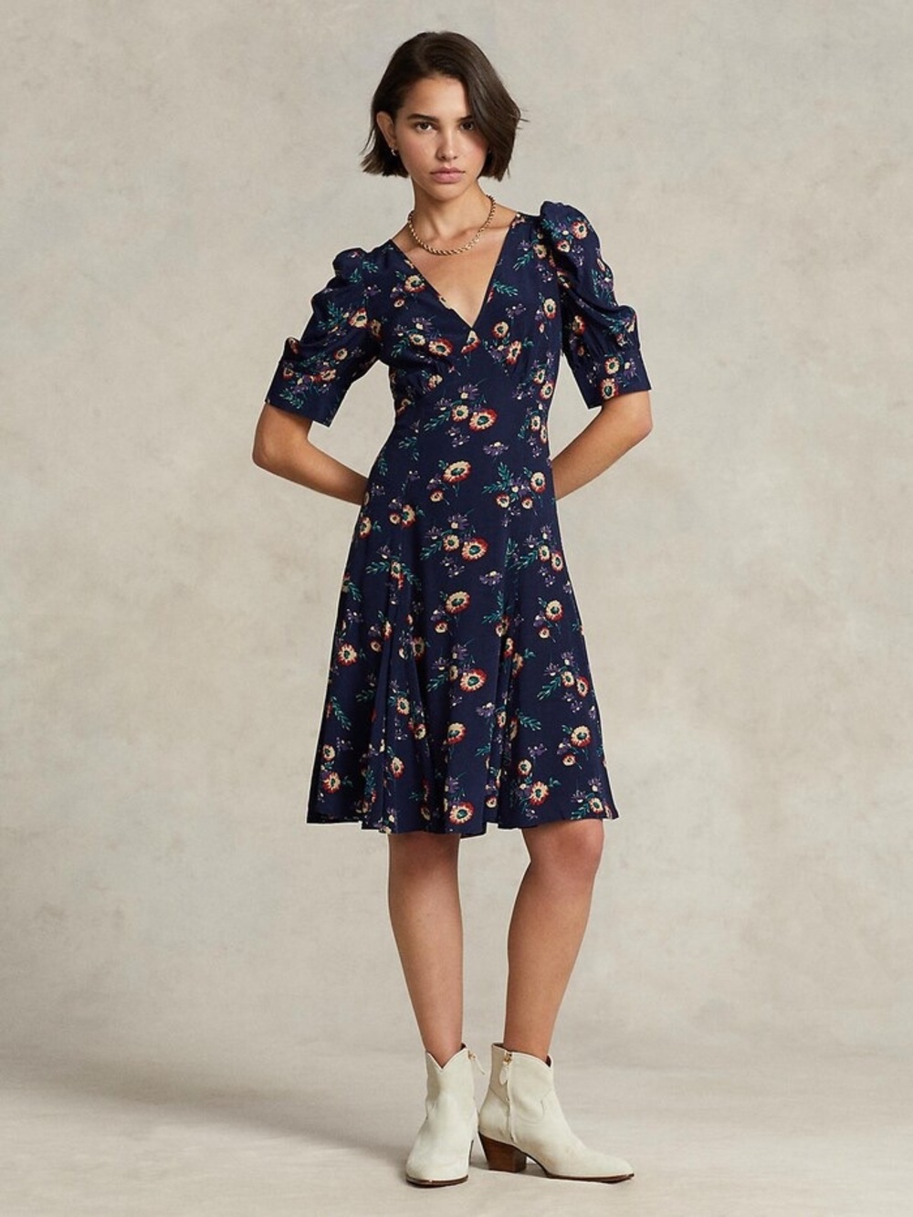 Polo by Ralph Lauren Navy Floral Crepe Mutton-Sleeve Midi Dress 8 preppy